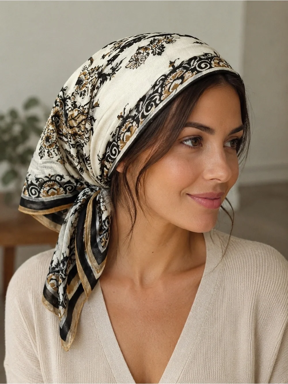 J. Jill Cream, Black & Gold Floral Headscarf